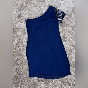 Karlie Midnight Blue One-Shoulder Dress with Lace Sleeve